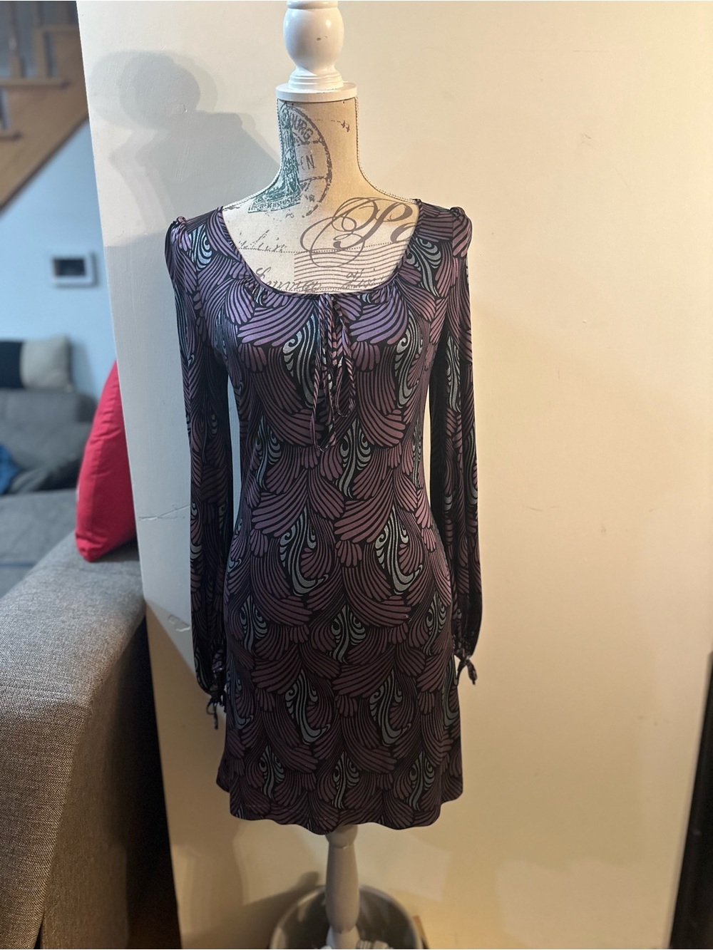 Biba Purple and Teal Long-Sleeve Scoop Neck Dress